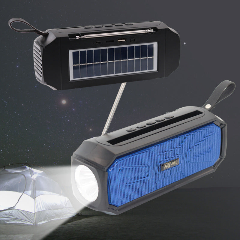 Outdoor Portable Solar Bluetooth Sound Light in blue, showcasing its compact design and multi-functional features.