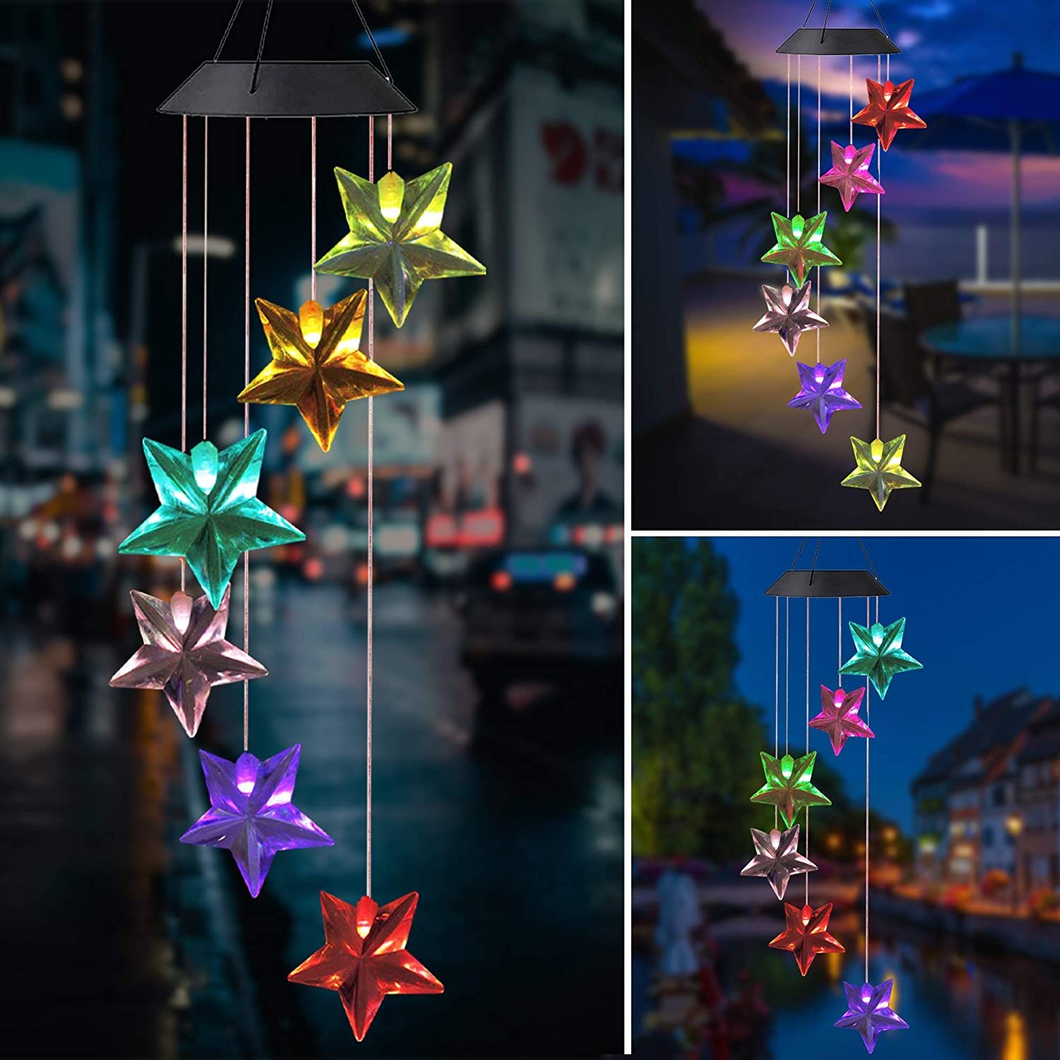 Multi-colored star-shaped hanging lights.