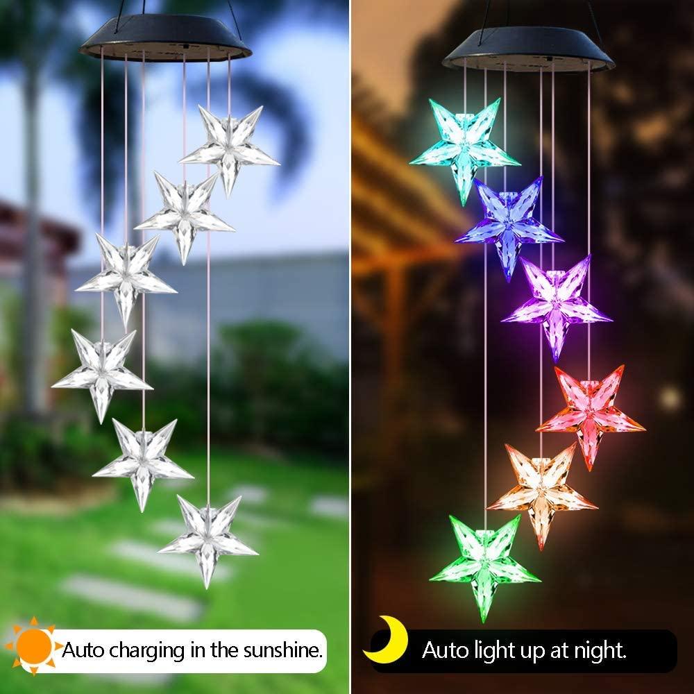 Solar-powered star wind chime lights.