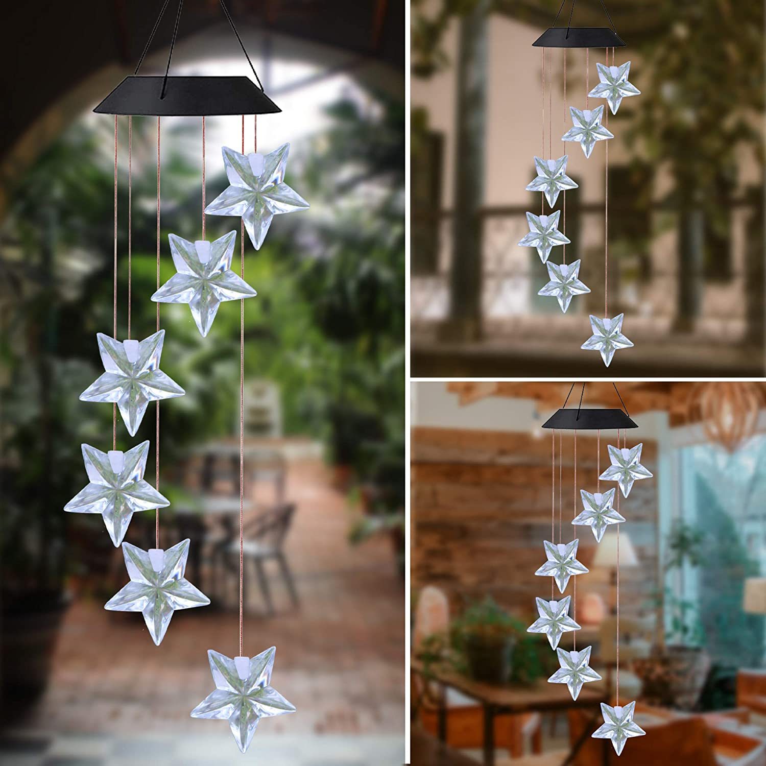 Star-shaped wind chimes hanging outdoors.