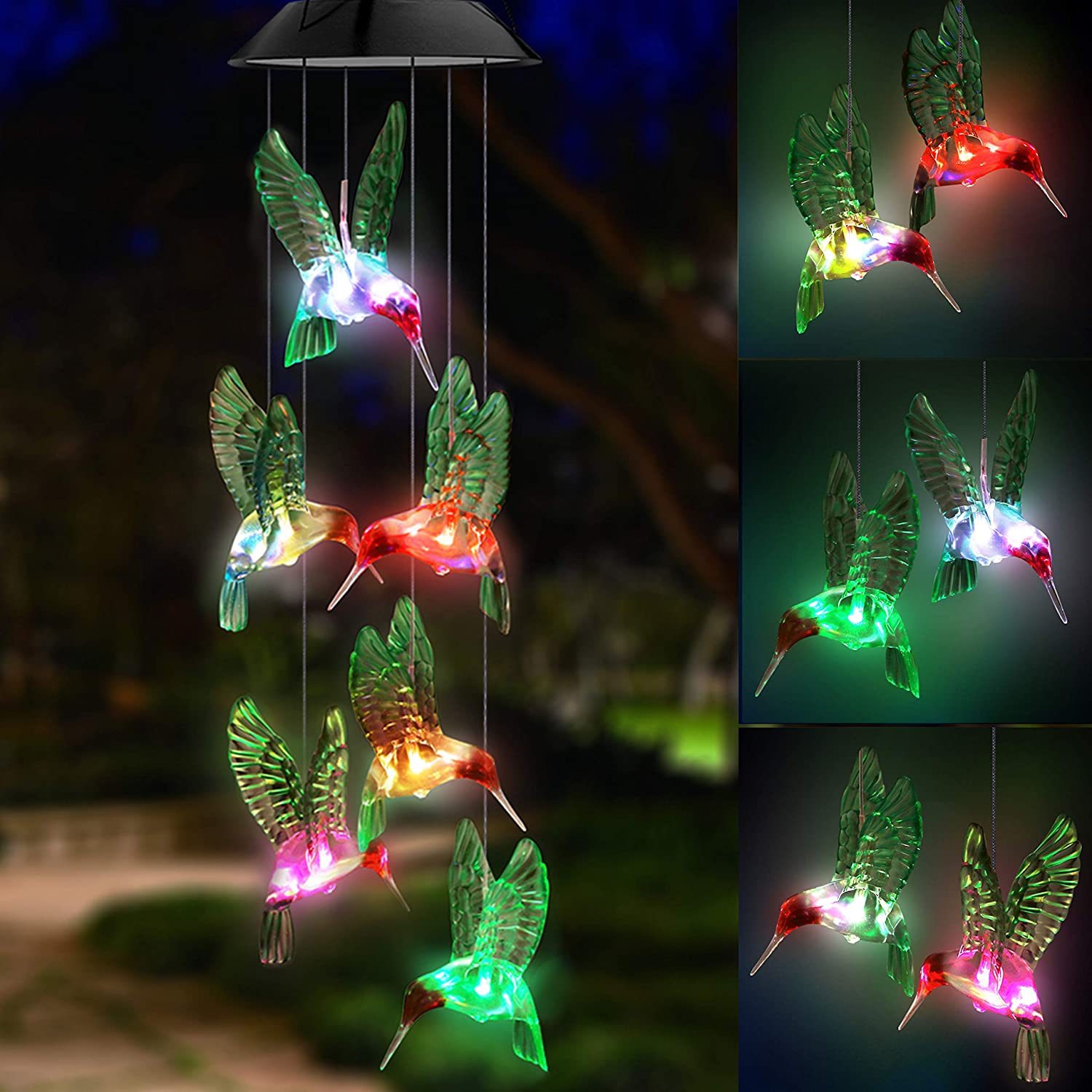 Colorful outdoor solar wind chime light featuring hummingbird designs, illuminating the garden with changing LED colors.