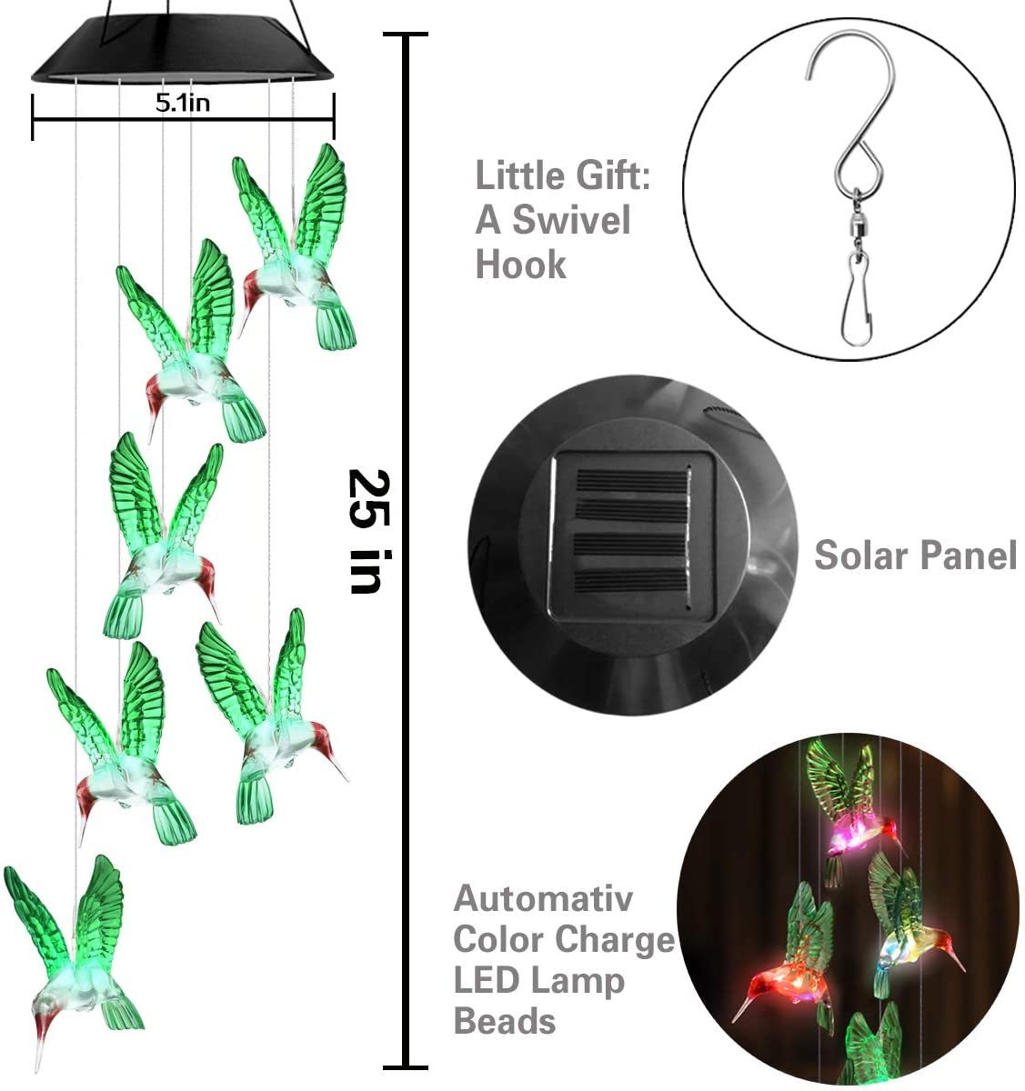 Colorful outdoor solar wind chime light featuring hummingbird designs, illuminating the garden with changing LED colors.