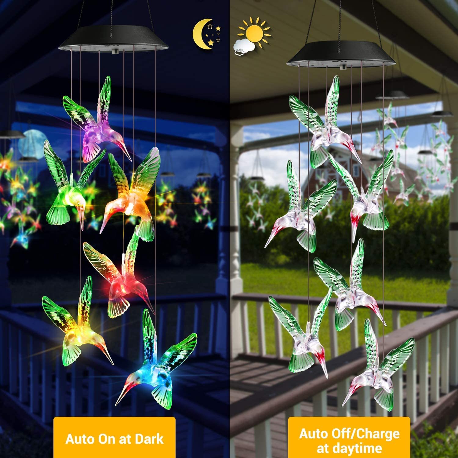 Colorful outdoor solar wind chime light featuring hummingbird designs, illuminating the garden with changing LED colors.