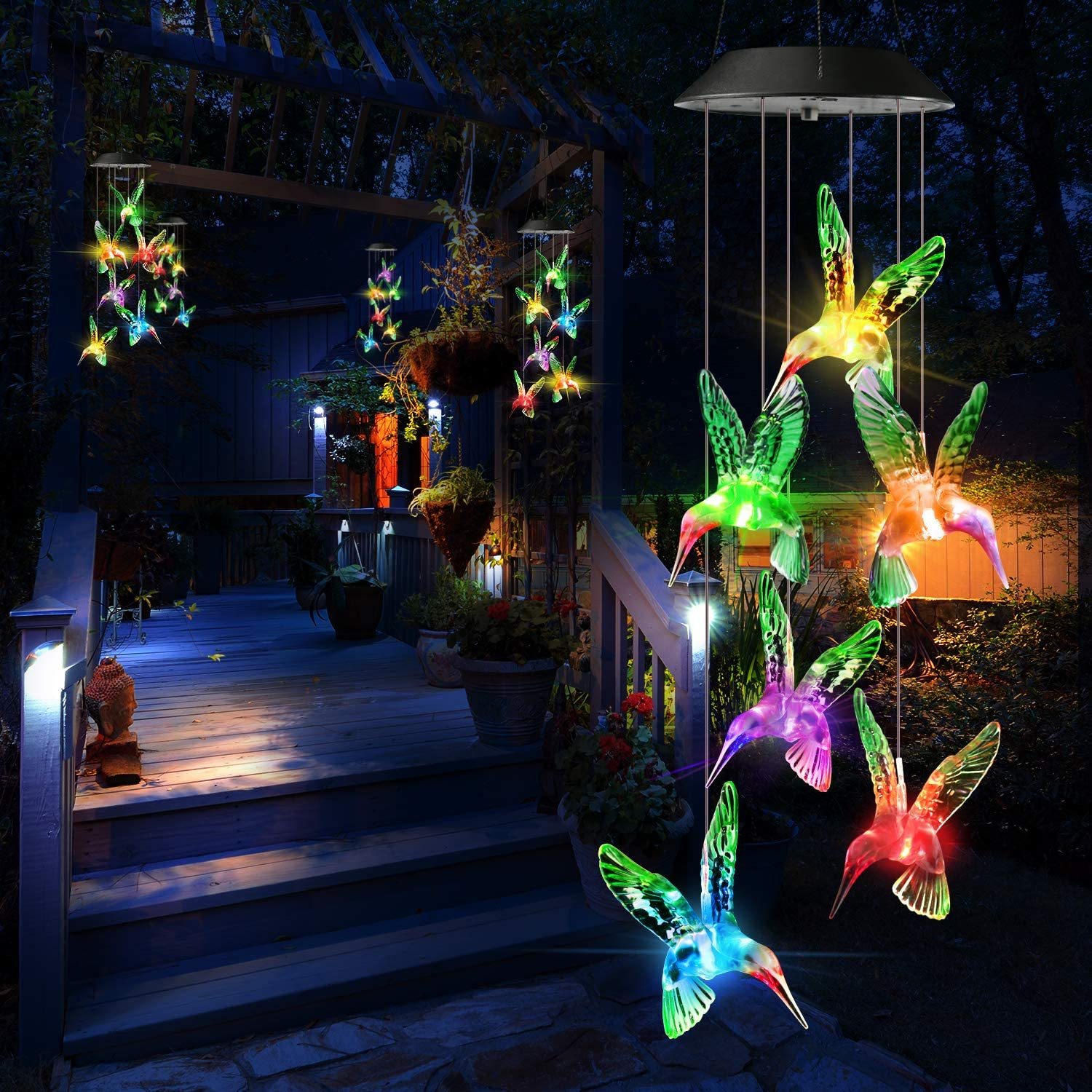 Colorful outdoor solar wind chime light featuring hummingbird designs, illuminating the garden with changing LED colors.