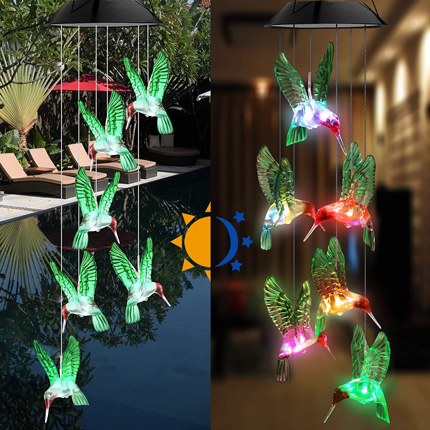 Colorful outdoor solar wind chime light featuring hummingbird designs, illuminating the garden with changing LED colors.