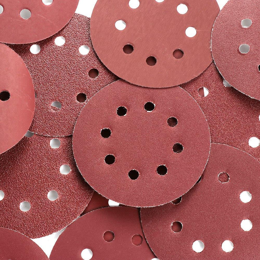 P-400 5 inch 8 Hole Sanding Discs made of aluminum oxide, ideal for sanding metal, wood, and jade, featuring a red color and 8 holes for dust extraction.