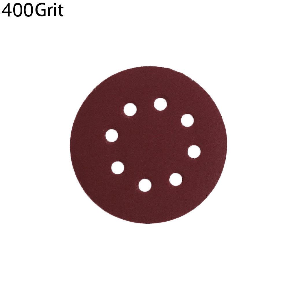 P-400 5 inch 8 Hole Sanding Discs made of aluminum oxide, ideal for sanding metal, wood, and jade, featuring a red color and 8 holes for dust extraction.