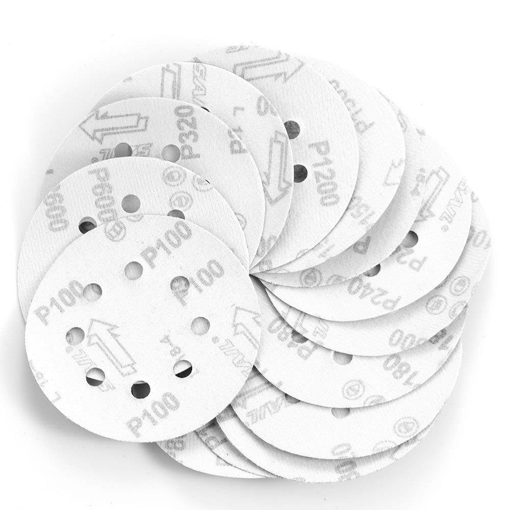 P-400 5 inch 8 Hole Sanding Discs made of aluminum oxide, ideal for sanding metal, wood, and jade, featuring a red color and 8 holes for dust extraction.