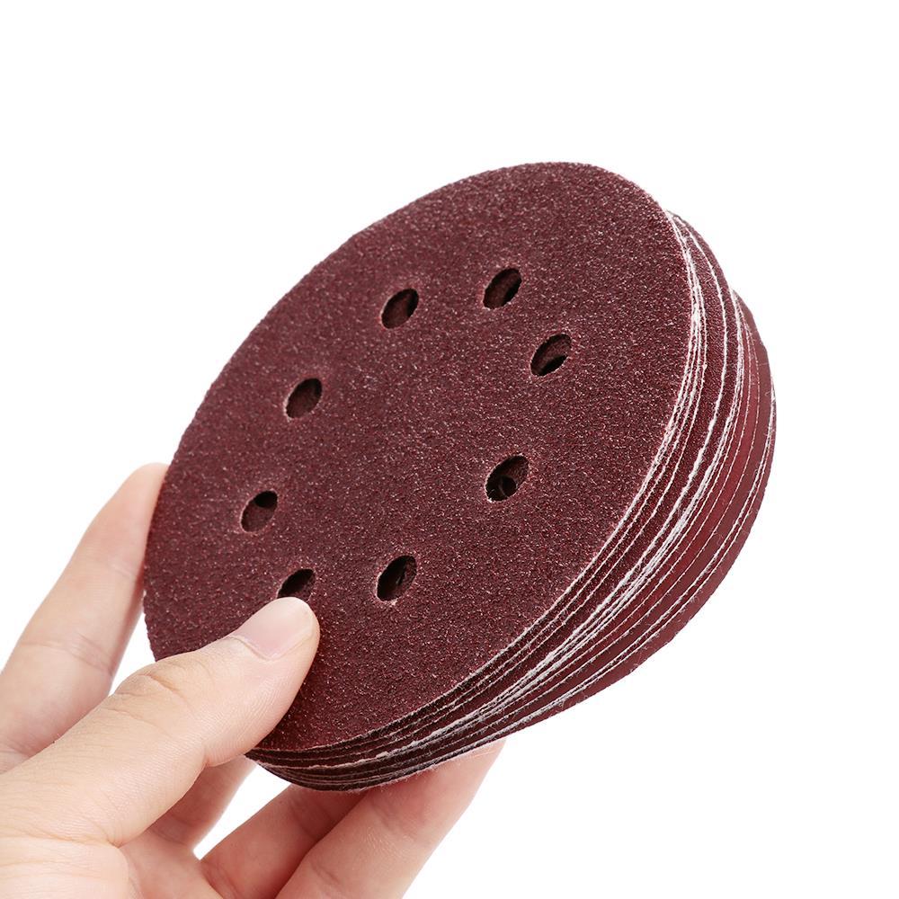 P-400 5 inch 8 Hole Sanding Discs made of aluminum oxide, ideal for sanding metal, wood, and jade, featuring a red color and 8 holes for dust extraction.