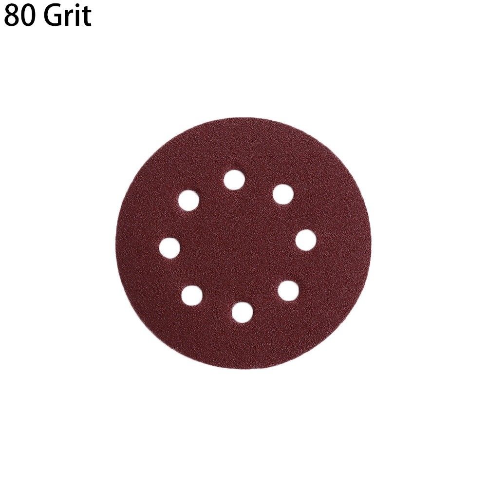 P-80 5 inch 8 Hole Sanding Discs made of aluminum oxide, ideal for polishing metal, wood, and jade, featuring a red color and 80# grit.