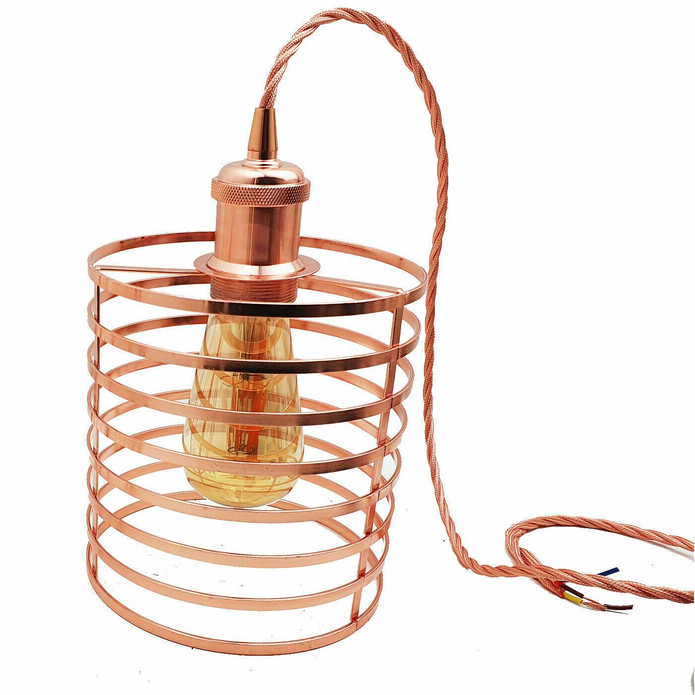 Modern rose gold pendant light with fabric cable and metal shade, perfect for stylish home decor.