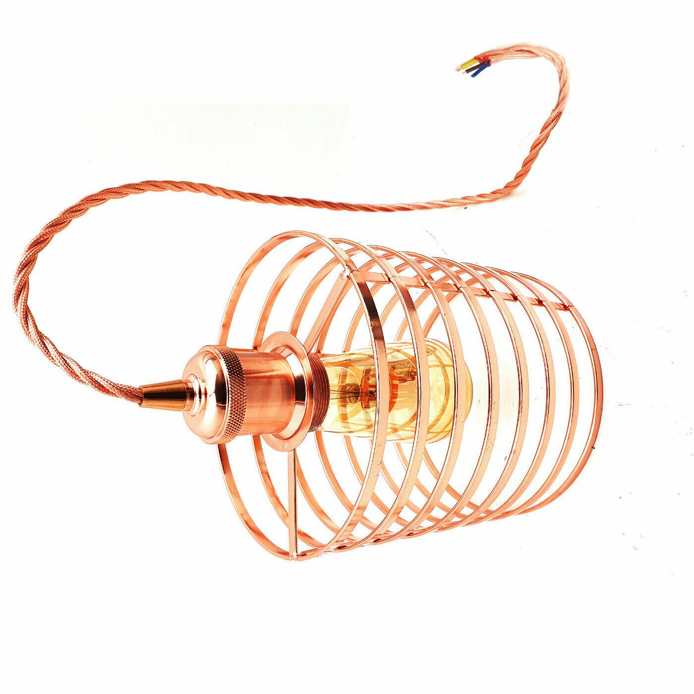 Modern rose gold pendant light with fabric cable and metal shade, perfect for stylish home decor.