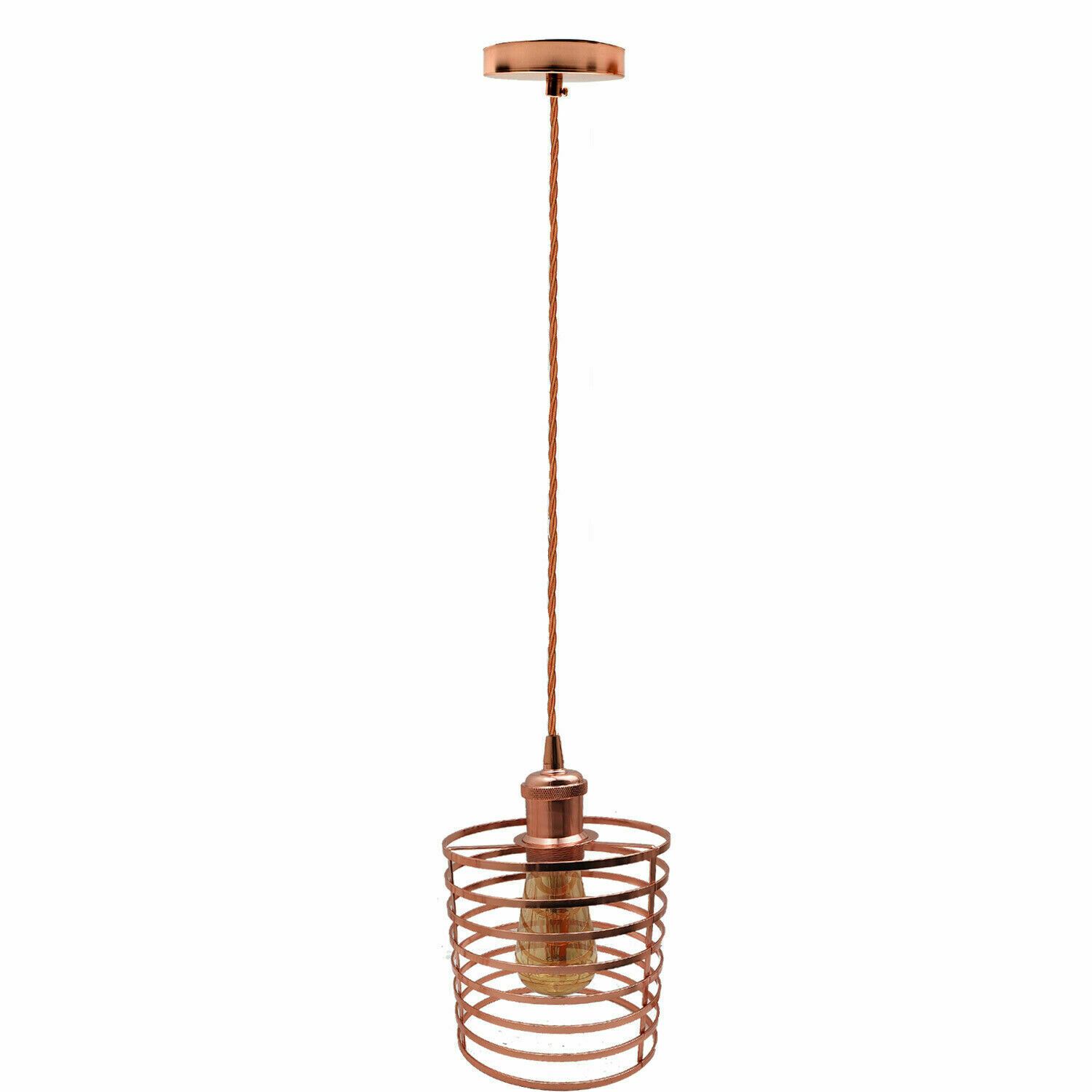 Modern rose gold pendant light with fabric cable and metal shade, perfect for stylish home decor.