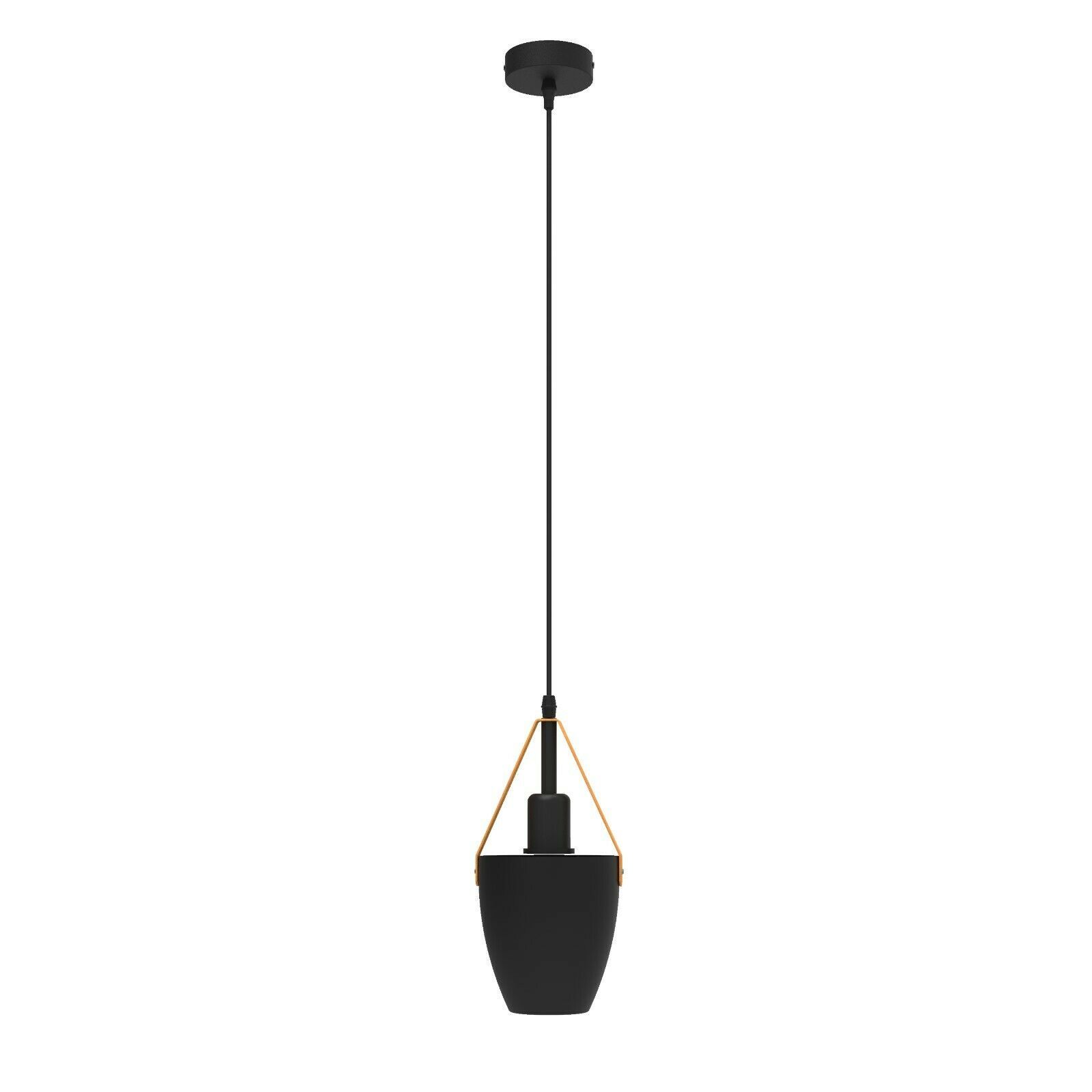 Stylish black pendant light suspended from the ceiling, showcasing soft ambient lighting perfect for various interior spaces.