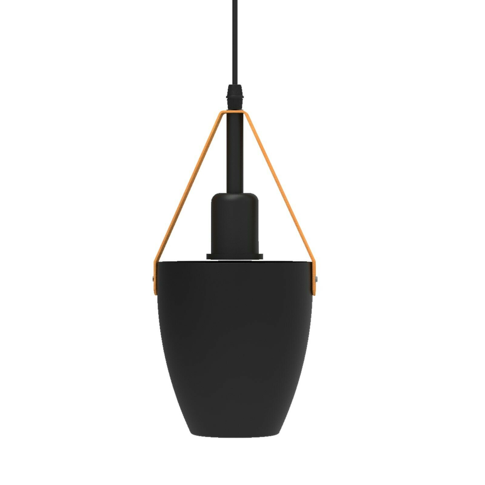 Stylish black pendant light suspended from the ceiling, showcasing soft ambient lighting perfect for various interior spaces.