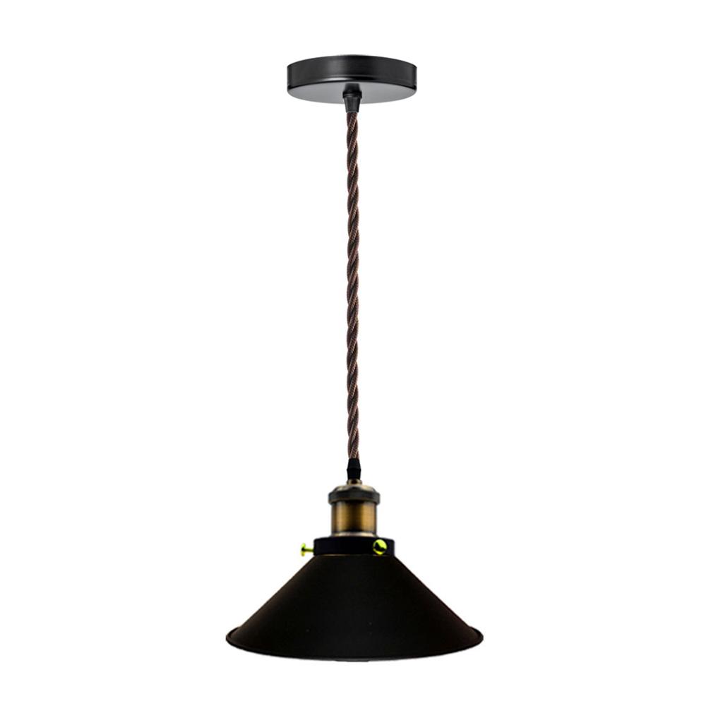 Vintage Flat Black Pendant Light with round shade and adjustable fabric wire, perfect for industrial decor.