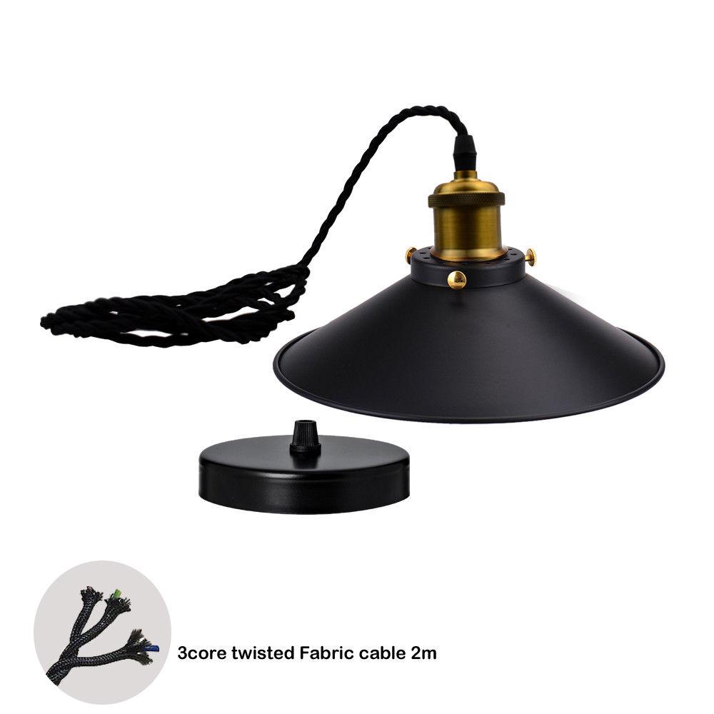 Vintage Flat Black Pendant Light with round shade and adjustable fabric wire, perfect for industrial decor.