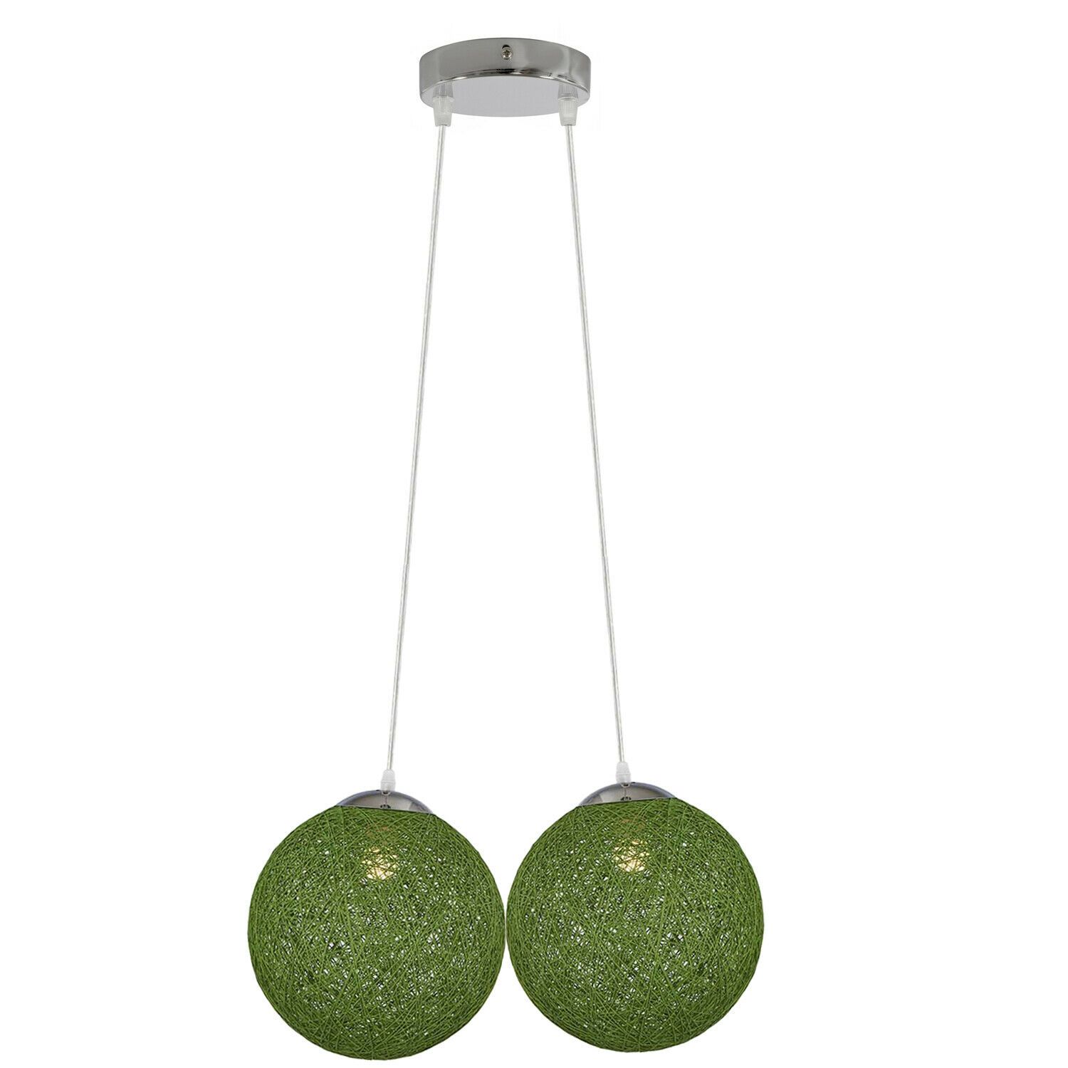 Green rattan wicker pendant lampshade with two outlets, showcasing a woven ball globe design, perfect for home decor.