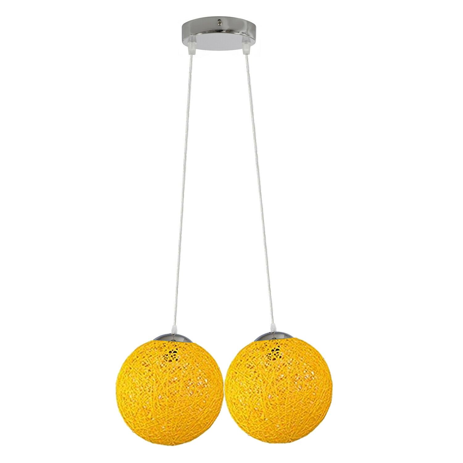 Rattan Wicker Yellow Woven Ball Globe Pendant light showcasing its intricate design and two outlet features.