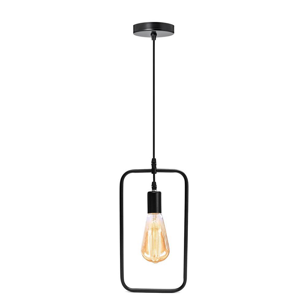 Rectangle Wire Lampshade Ceiling Vintage Pendant Light with black fabric-covered wire and round black ceiling canopy.