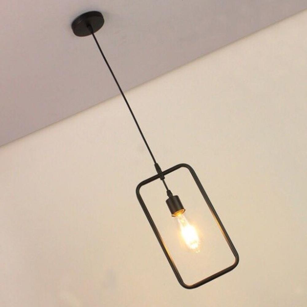 Rectangle Wire Lampshade Ceiling Vintage Pendant Light with black fabric-covered wire and round black ceiling canopy.