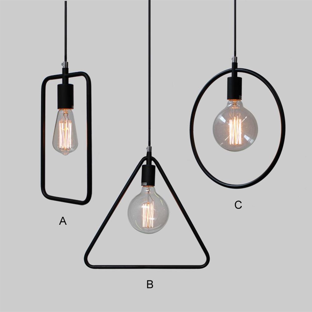 Rectangle Wire Lampshade Ceiling Vintage Pendant Light with black fabric-covered wire and round black ceiling canopy.