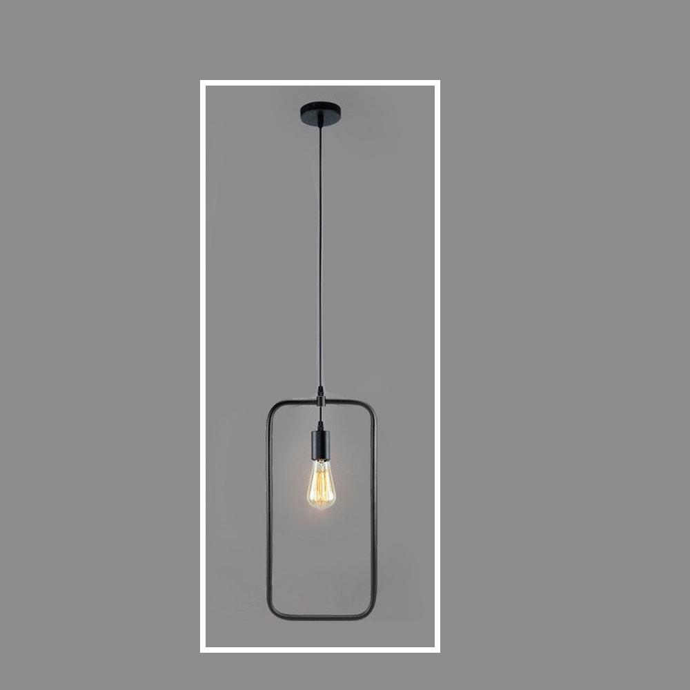 Rectangle Wire Lampshade Ceiling Vintage Pendant Light with black fabric-covered wire and round black ceiling canopy.