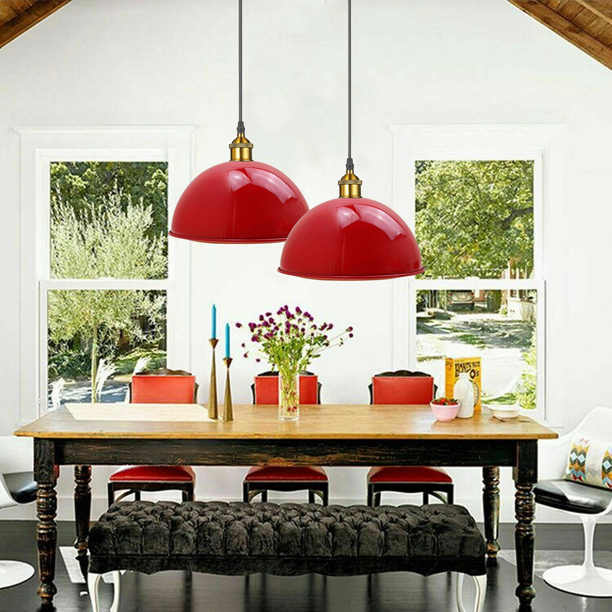 Red Retro Metal Cafe Diner Ceiling Light Pendant showcasing a vibrant red metal design, perfect for modern interiors.