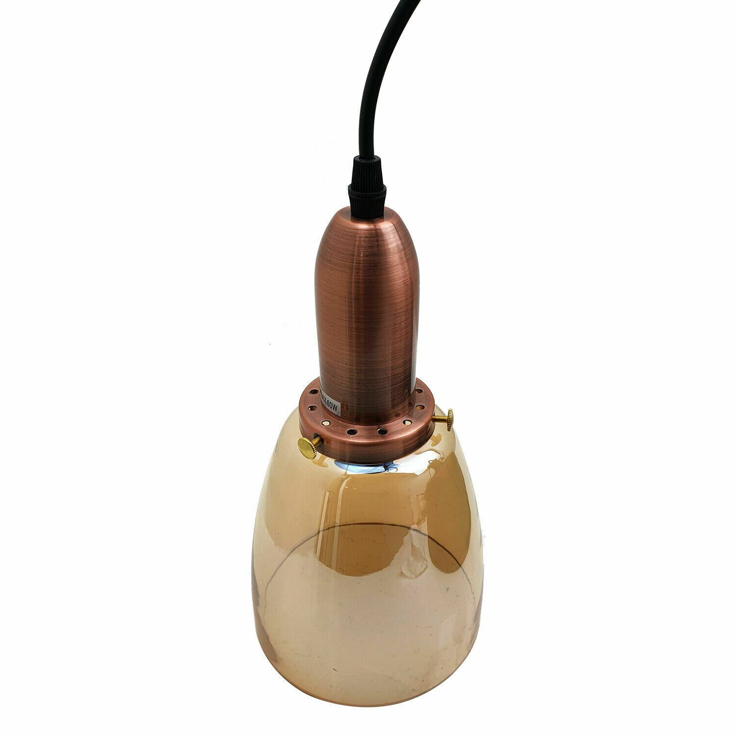 Retro ceiling light with amber glass and black metal holder, showcasing vintage industrial design.