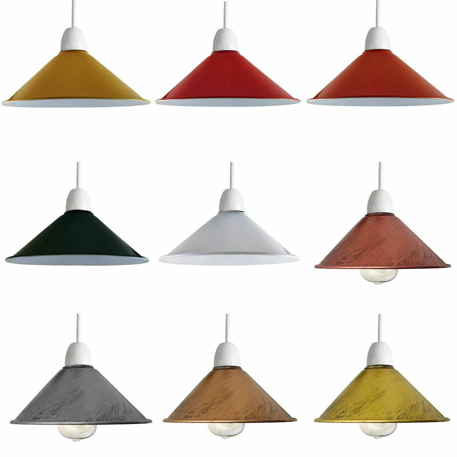 Retro Cone Pendant Lamp Shade in various colors, showcasing its unique design and sturdy metal construction.