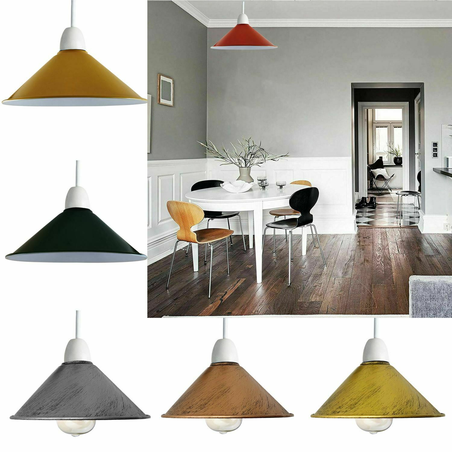 Retro Cone Pendant Lamp Shade in various colors, showcasing its unique design and sturdy metal construction.