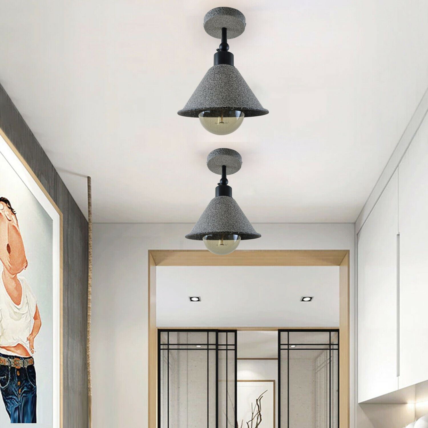 Retro Industrial Ceiling Flush Mount Light with metal cone shade in stone and black colors, perfect for home and commercial use.