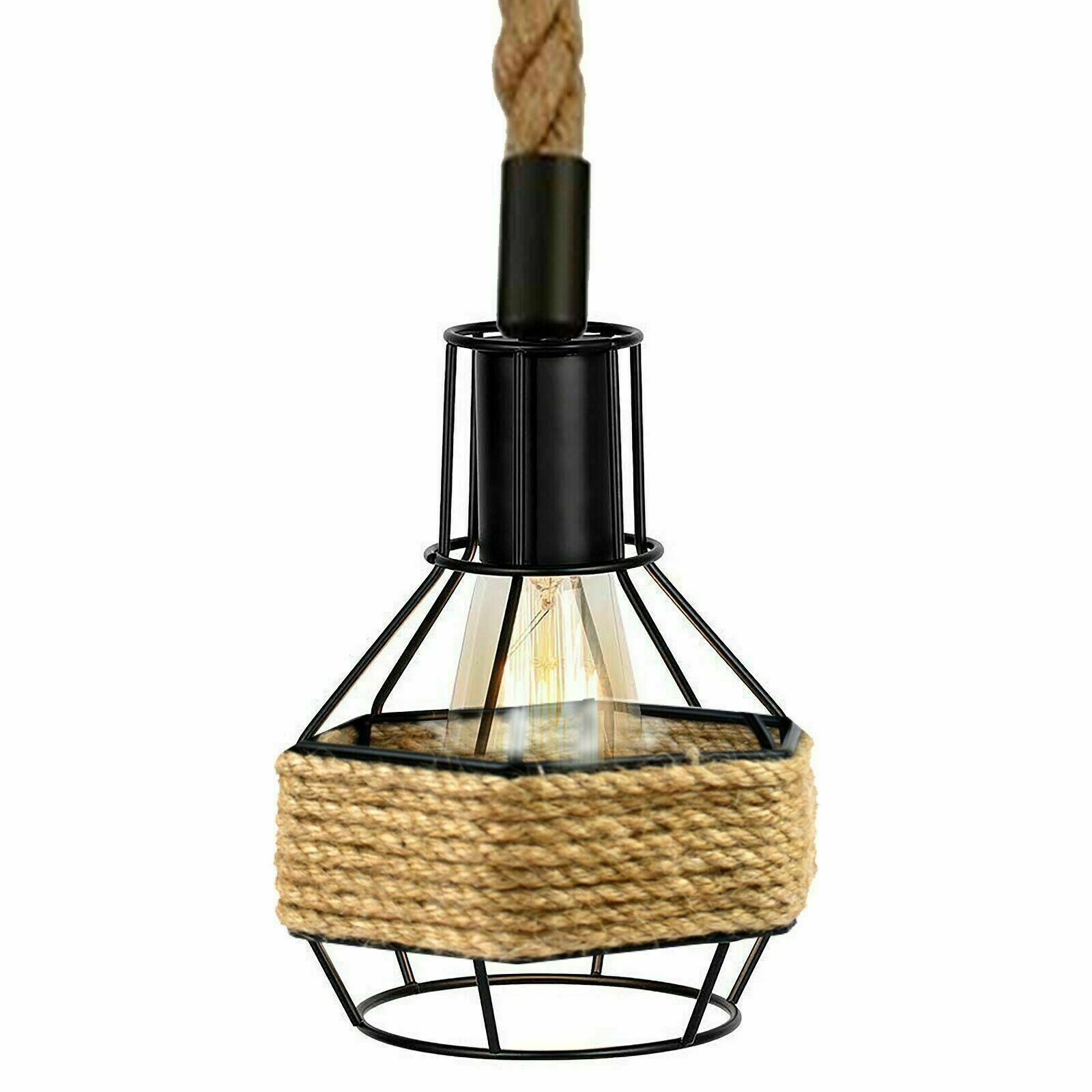 Retro Industrial Vintage Suspended Metal Shade Ceiling Pendant with black metal shade and adjustable hemp rope, perfect for stylish lighting.