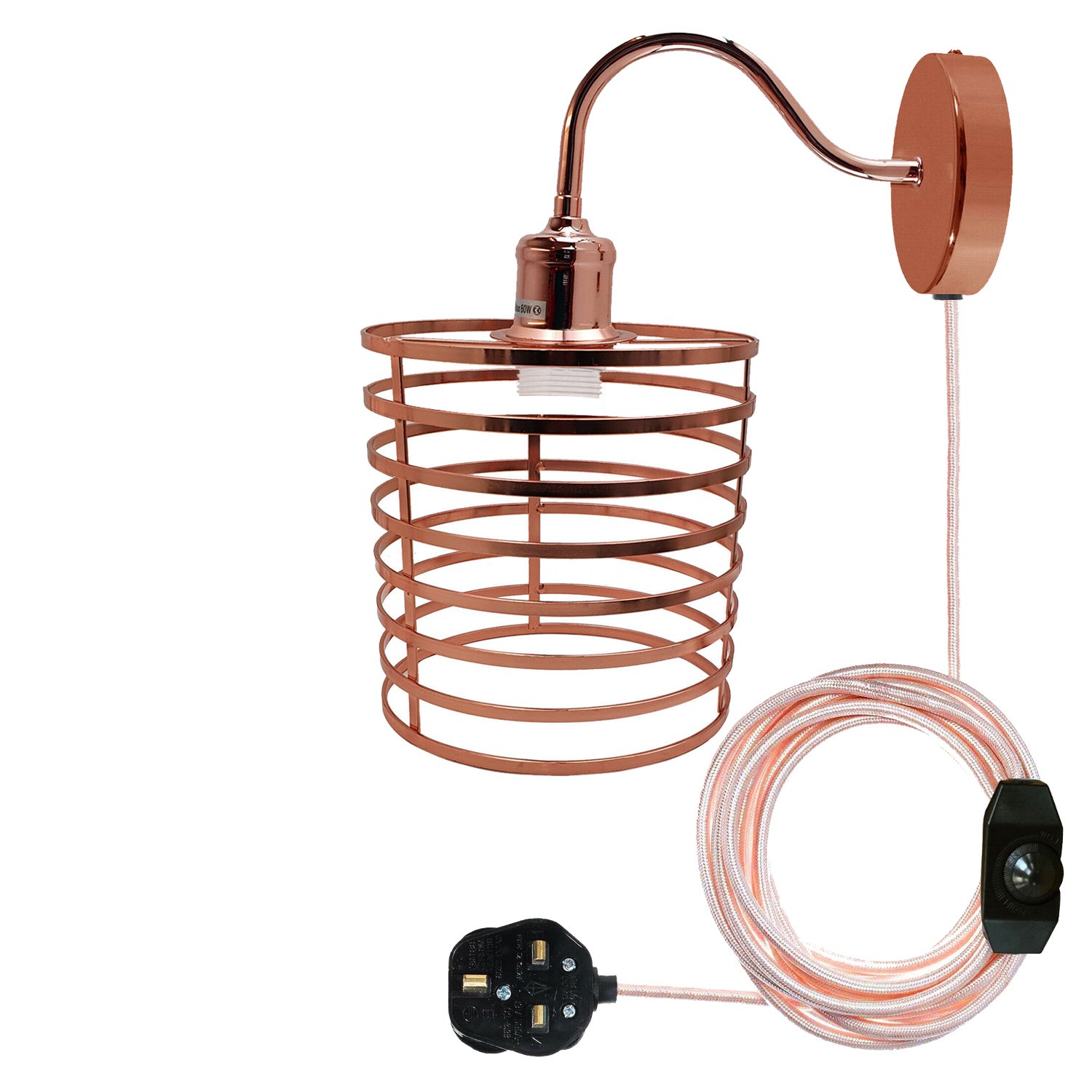 Retro Industrial Wall Sconce Light in Rose Gold, featuring a metal shade and plug-in design, perfect for stylish home decor.