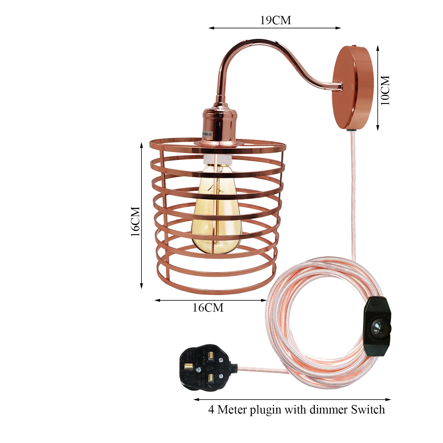 Retro Industrial Wall Sconce Light in Rose Gold, featuring a metal shade and plug-in design, perfect for stylish home decor.