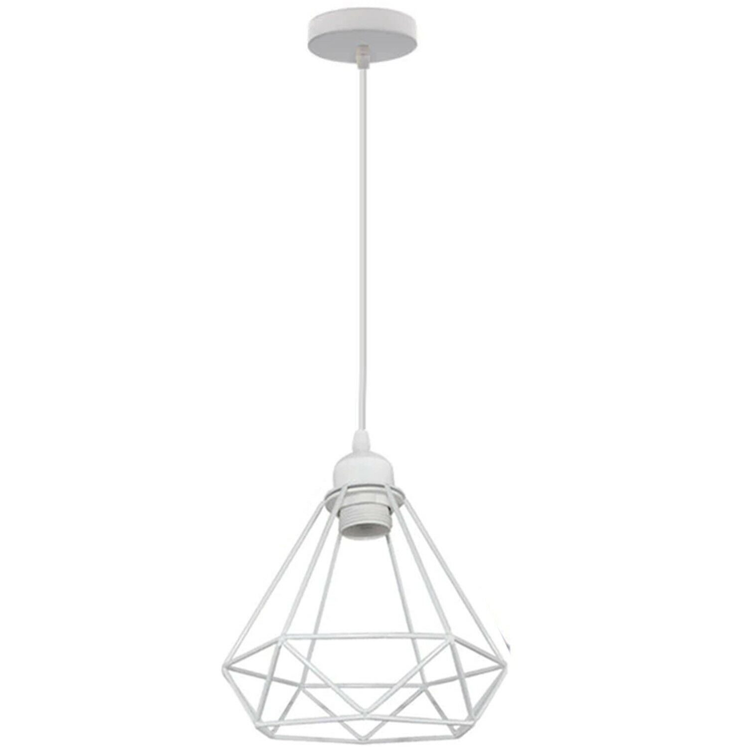 Retro Industrial White Diamond Cage Ceiling Pendant Light with E27 base, showcasing its unique design and white finish.