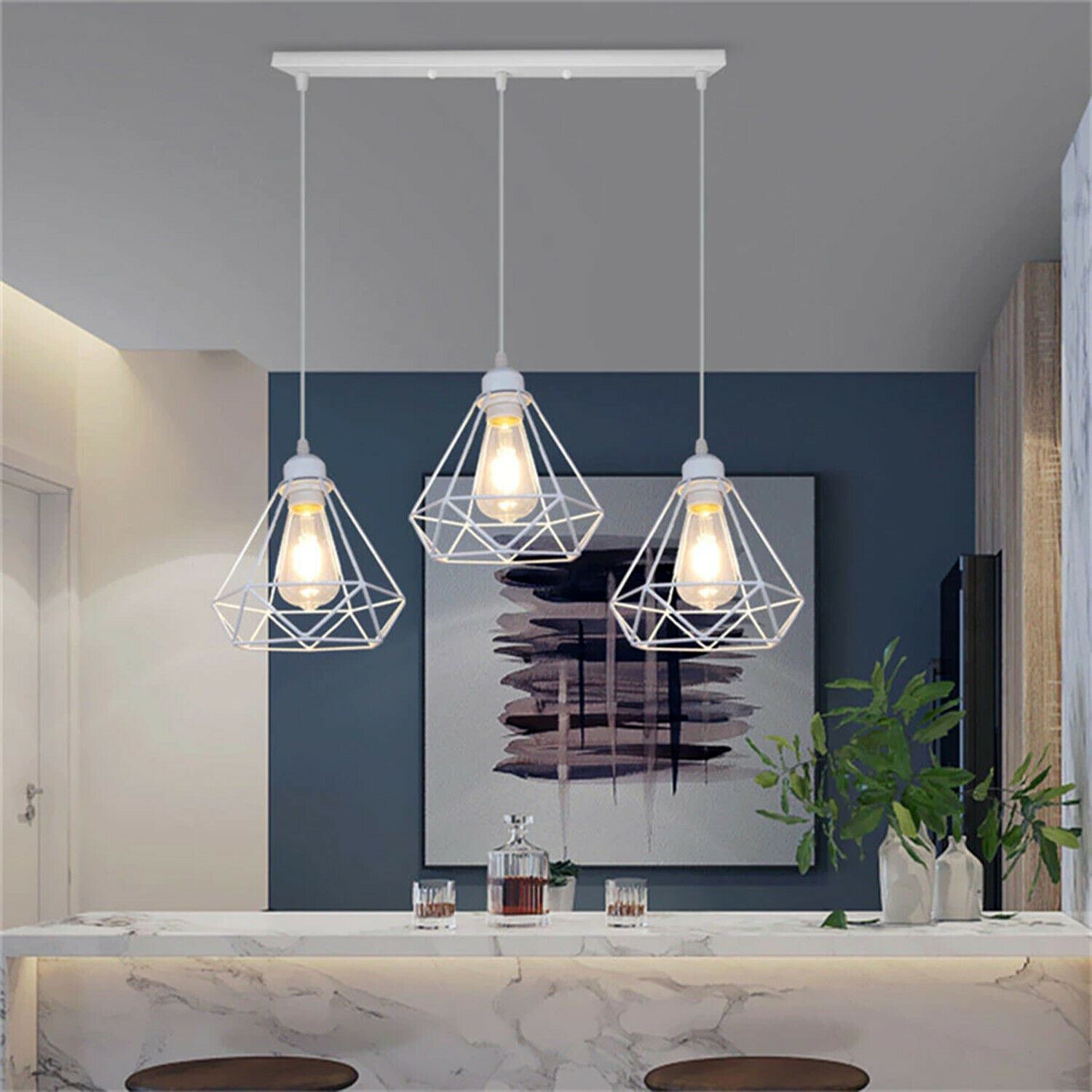 Retro Industrial White Diamond Cage Ceiling Pendant Light with E27 base, showcasing its unique design and white finish.