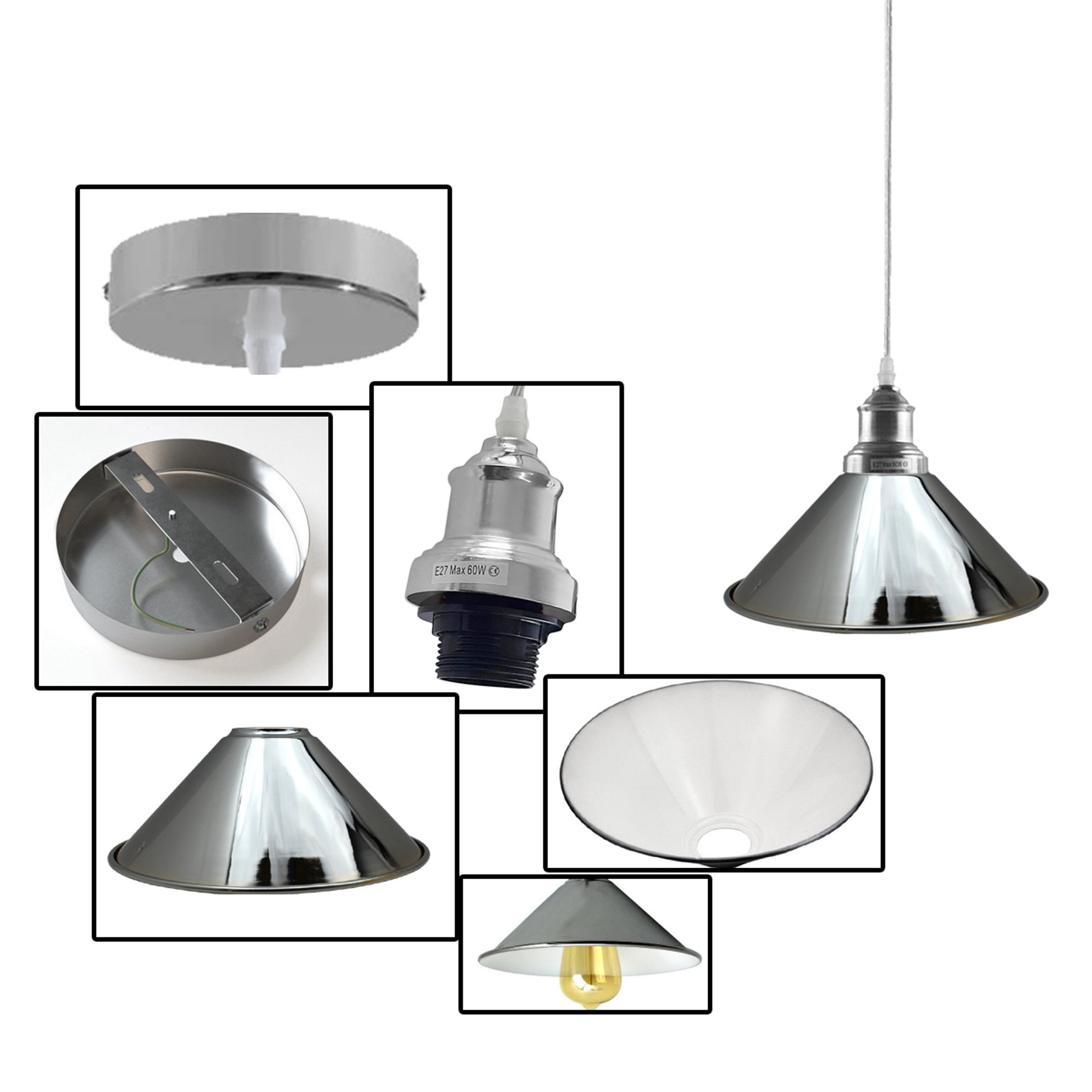 Retro Metal Pendant Chrome Ceiling Light Lamp Shade with polished chrome finish and contrasting inner surface, ideal for modern decor.