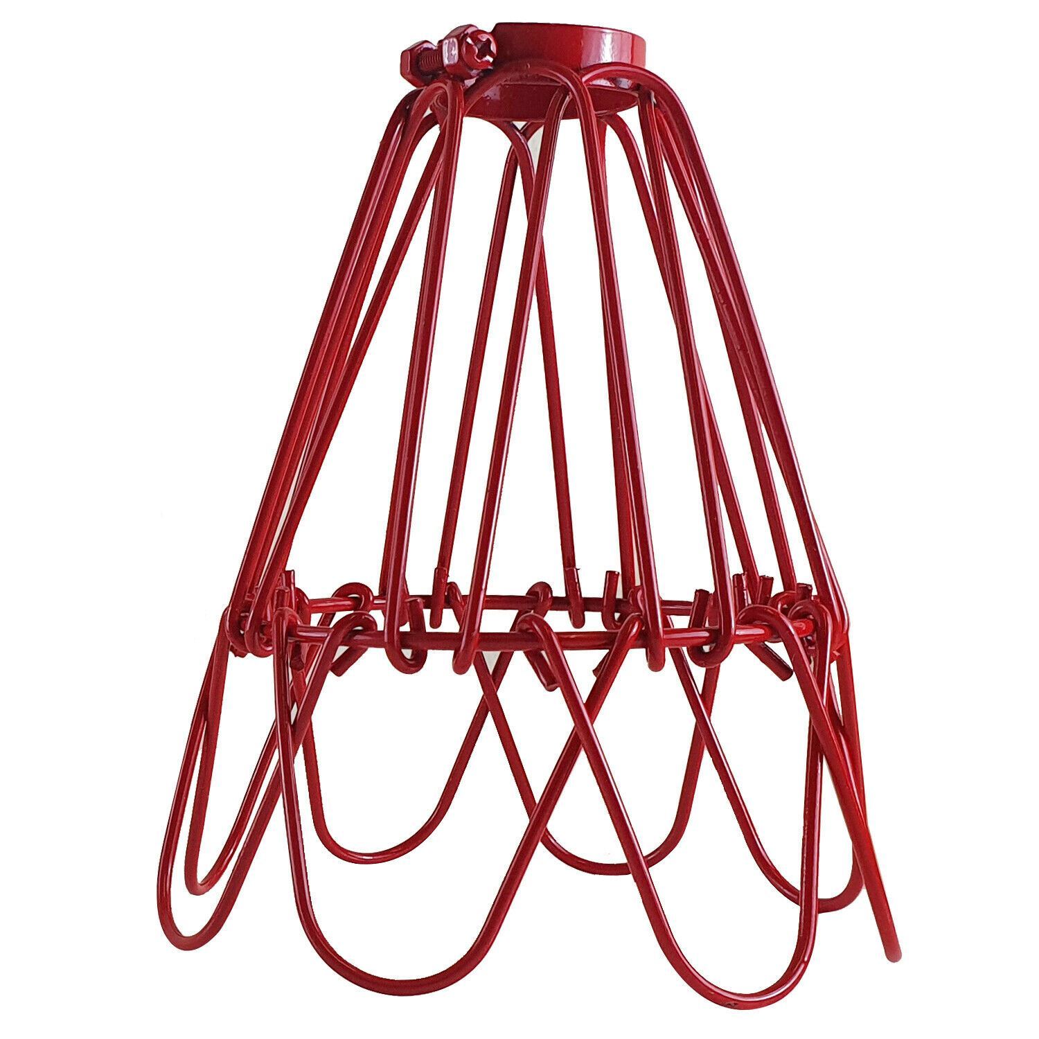 Retro pendant lighting with a wire cage shade in red, showcasing a vintage industrial design suitable for various home interiors.