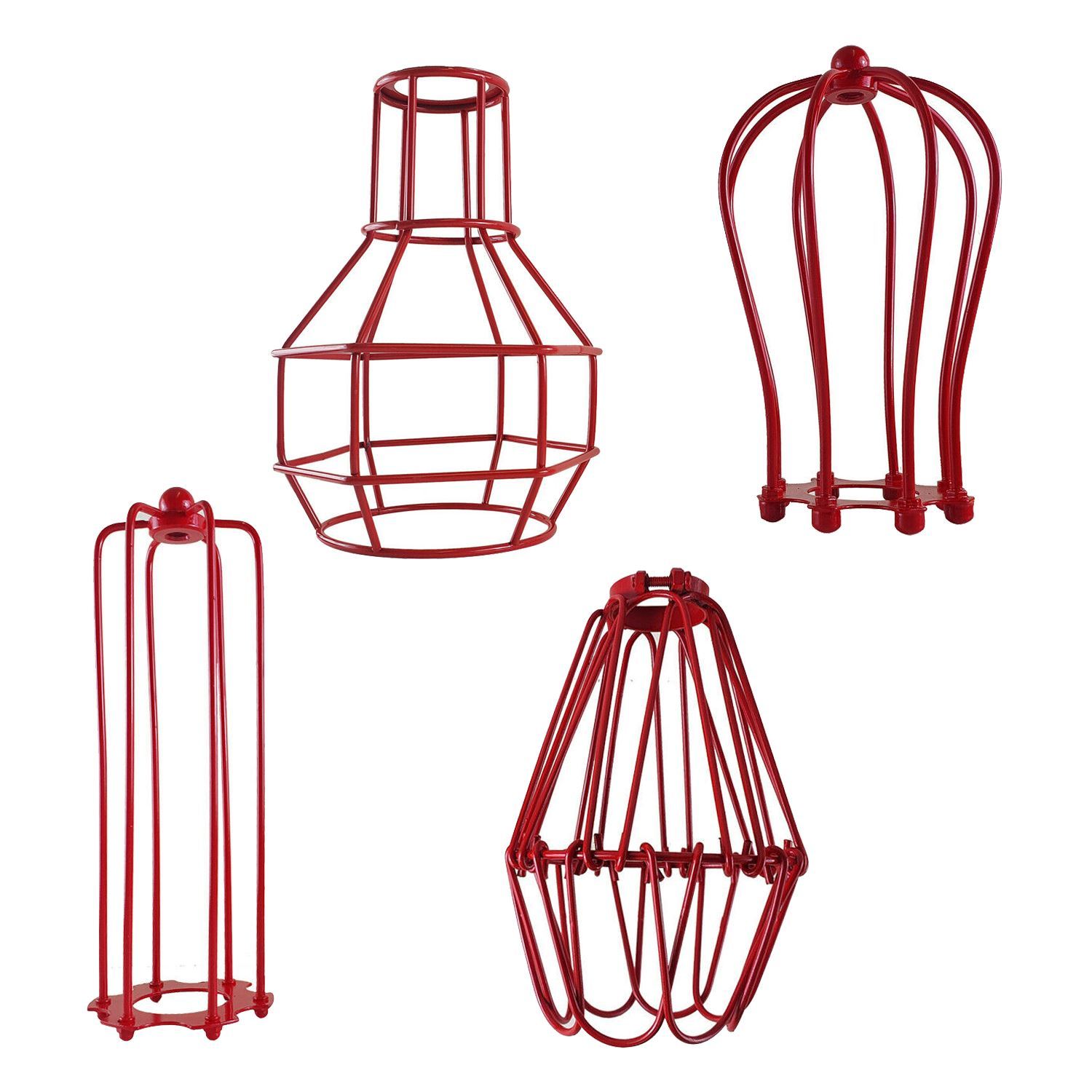 Retro pendant lighting with a wire cage shade in red, showcasing a vintage industrial design suitable for various home interiors.