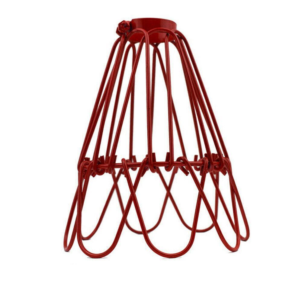 Retro pendant lighting with a wire cage shade in red, showcasing a vintage industrial design suitable for various home interiors.