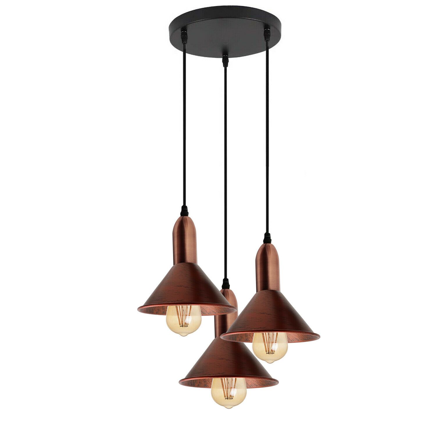 Retro Style 3 Way Rustic Red Metal Pendant Ceiling Light Fitting with three light holders and shades, showcasing a vintage design.