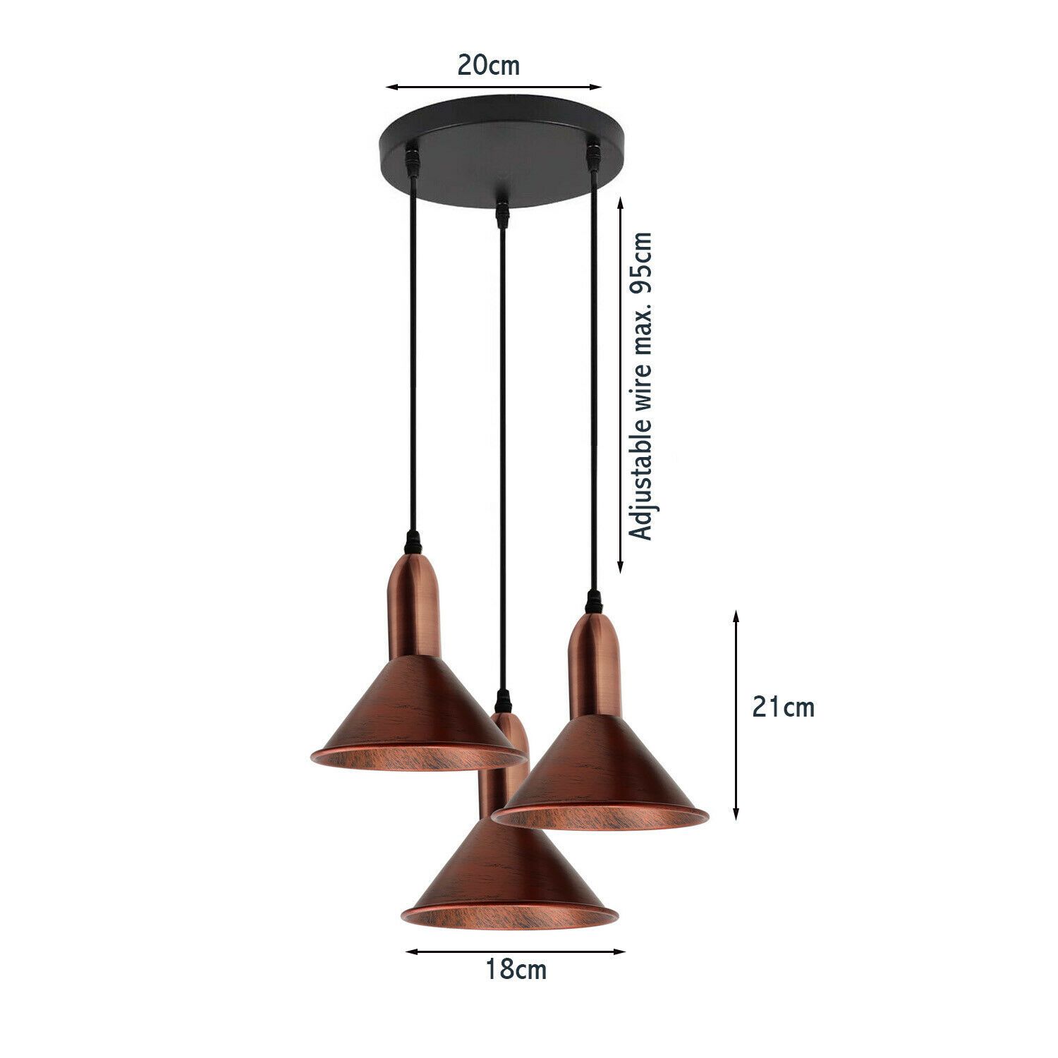 Retro Style 3 Way Rustic Red Metal Pendant Ceiling Light Fitting with three light holders and shades, showcasing a vintage design.