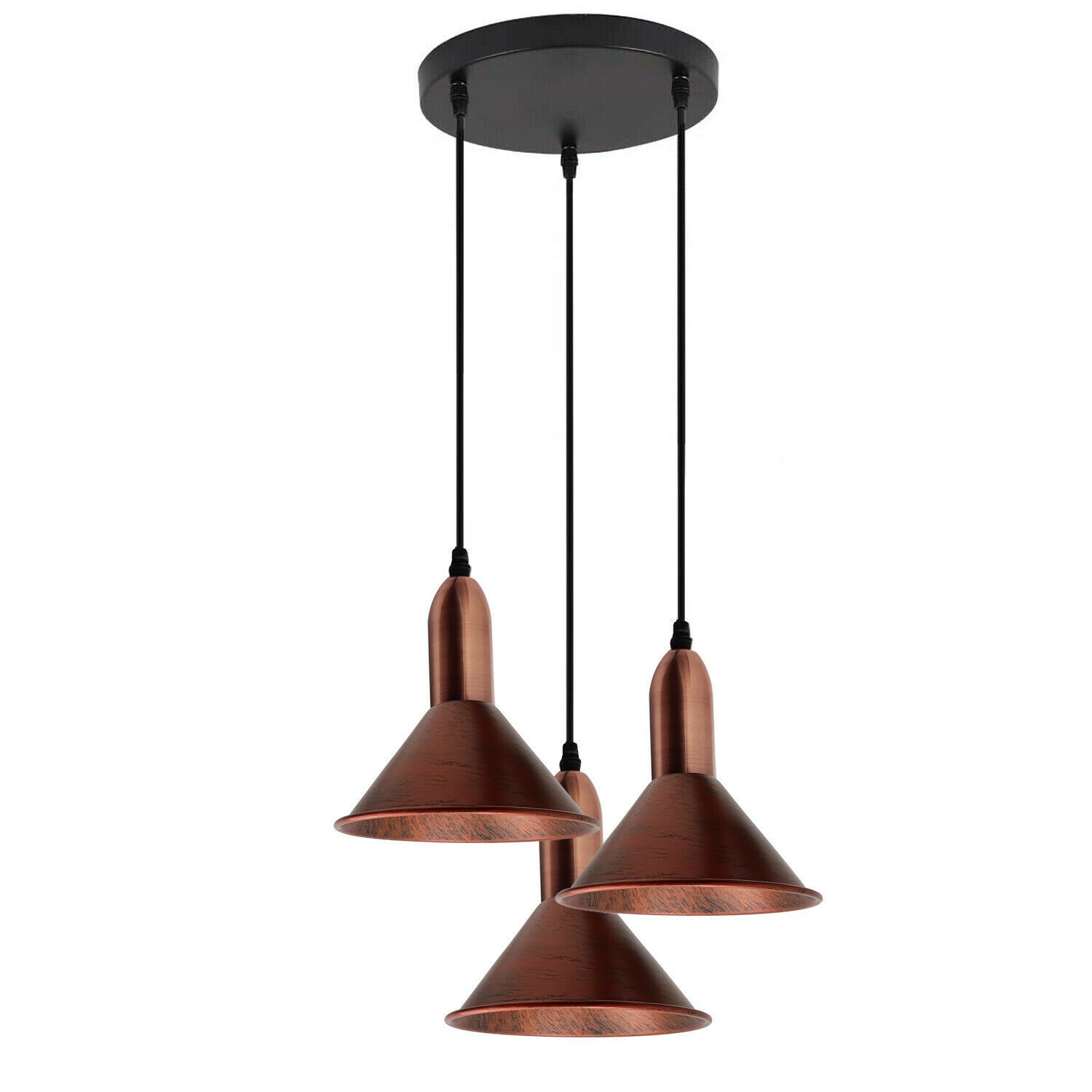 Retro Style 3 Way Rustic Red Metal Pendant Ceiling Light Fitting with three light holders and shades, showcasing a vintage design.