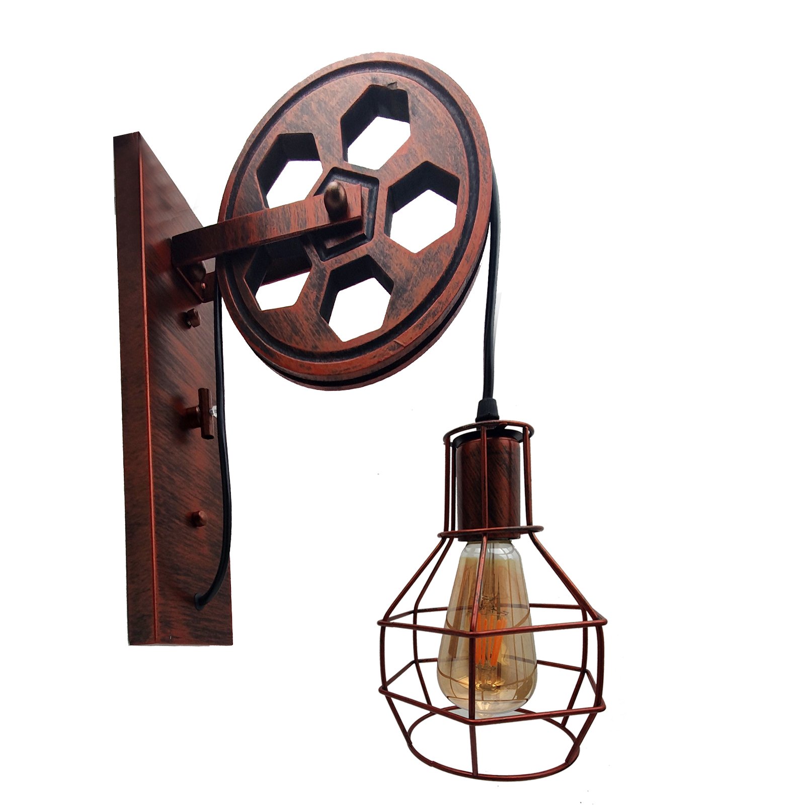 Retro Vintage Pulley Light Shade Wheel featuring a rustic red iron and wood design, adjustable height, and industrial style suitable for various indoor spaces.