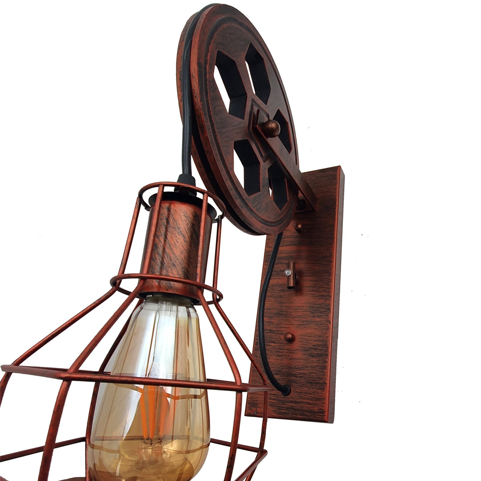 Retro Vintage Pulley Light Shade Wheel featuring a rustic red iron and wood design, adjustable height, and industrial style suitable for various indoor spaces.