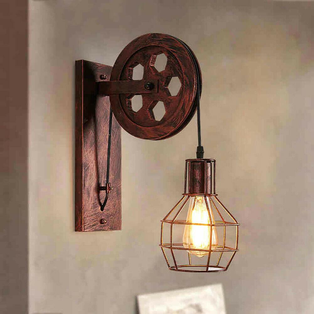 Retro Vintage Pulley Light Shade Wheel featuring a rustic red iron and wood design, adjustable height, and industrial style suitable for various indoor spaces.