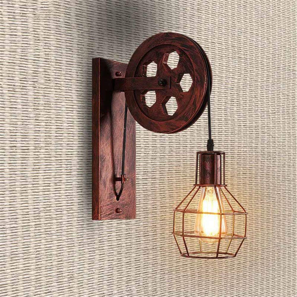 Retro Vintage Pulley Light Shade Wheel featuring a rustic red iron and wood design, adjustable height, and industrial style suitable for various indoor spaces.