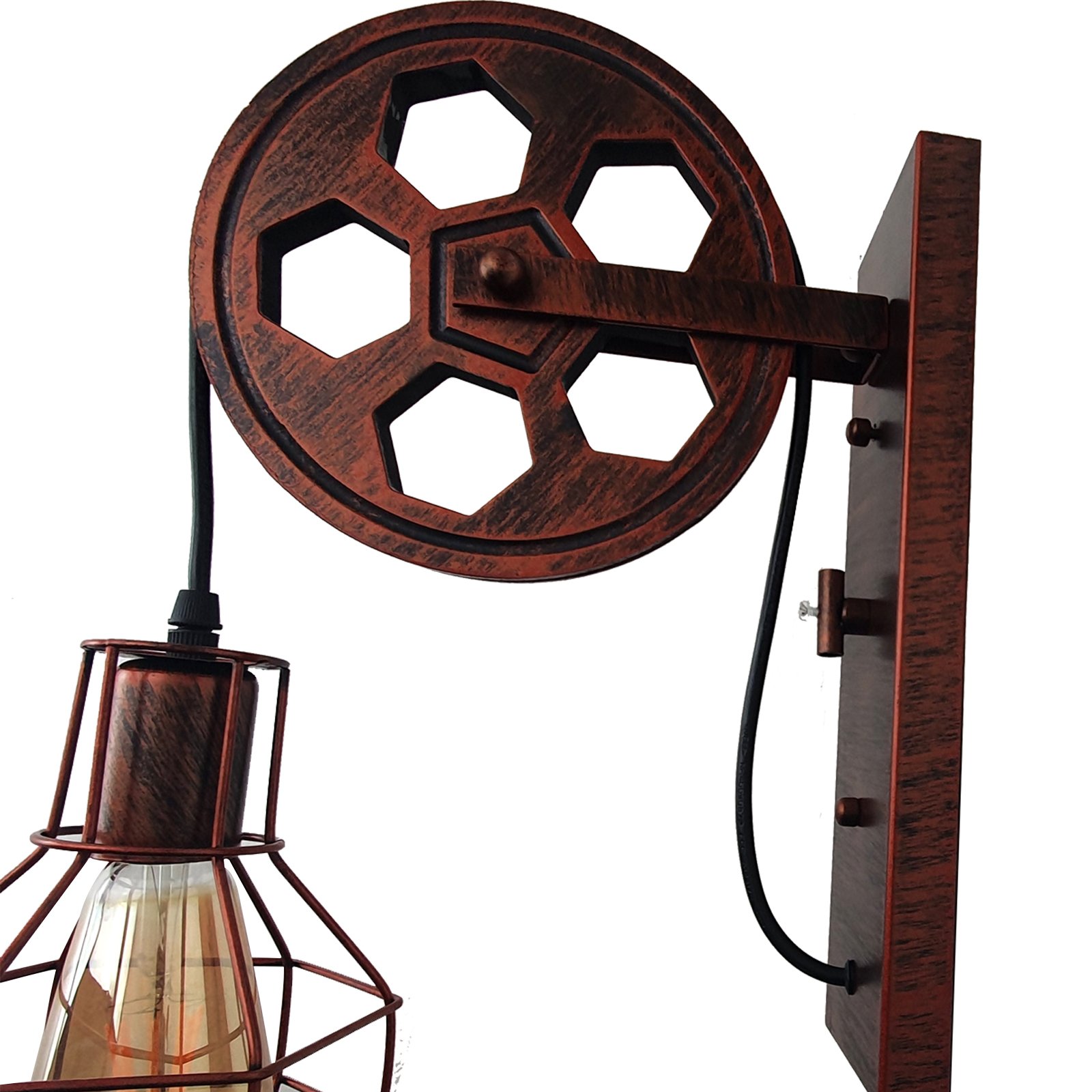 Retro Vintage Pulley Light Shade Wheel featuring a rustic red iron and wood design, adjustable height, and industrial style suitable for various indoor spaces.