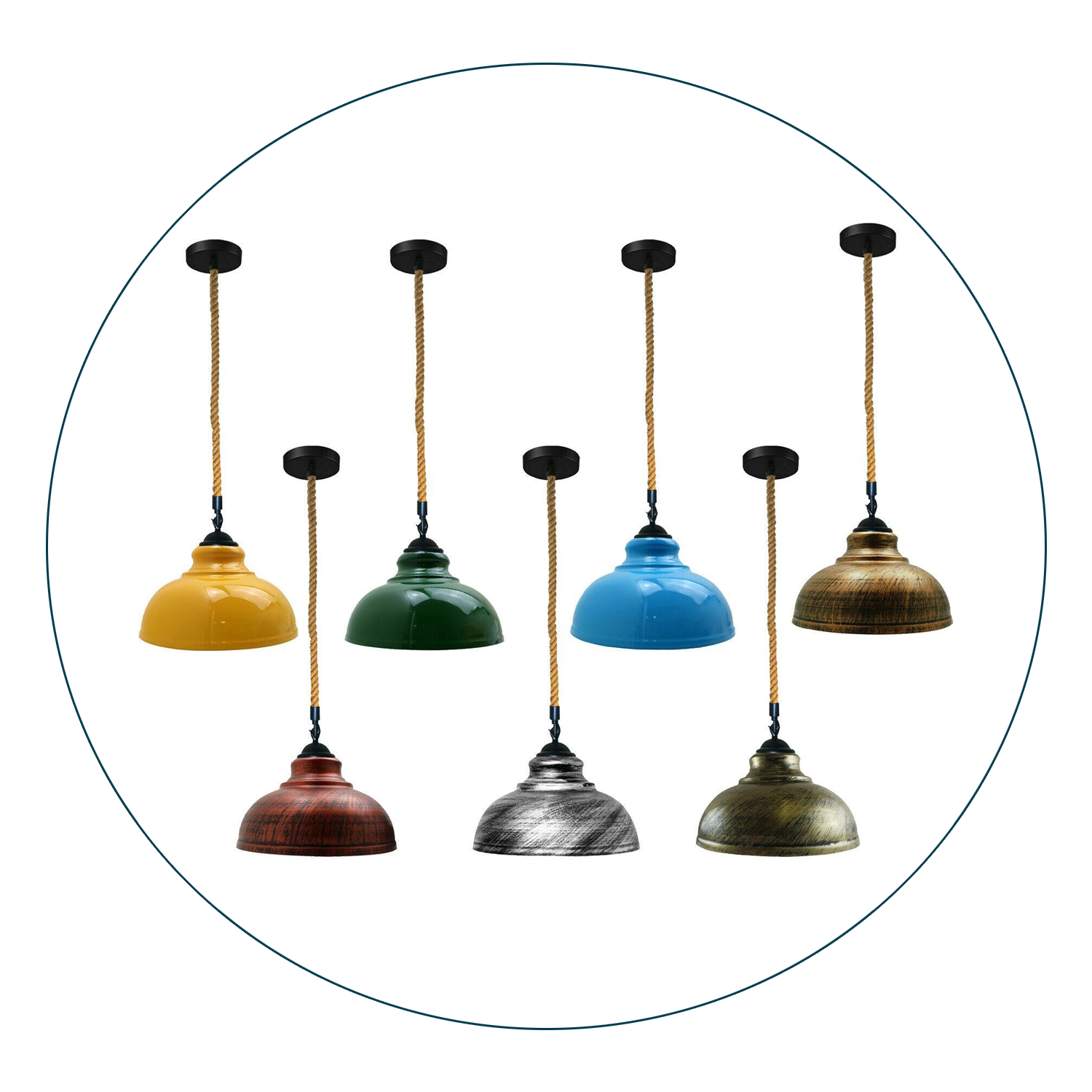 Retro Vintage Style Metal Ceiling Hanging Pendant Light in various colors, showcasing its sleek dome design and E27 lamp base.